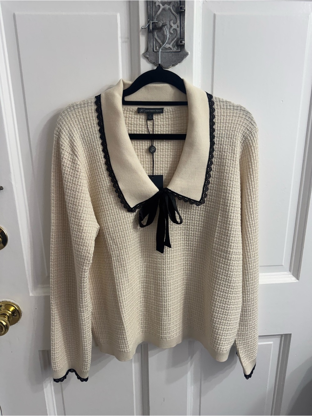 Adrianna Papell Cream Waffle-Knit Sweater with Black Ribbon Collar